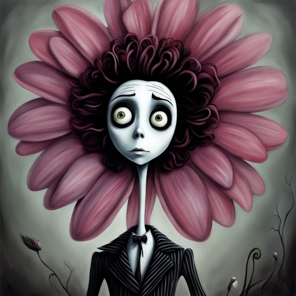 Dark Floral Portrait in Tim Burton Style