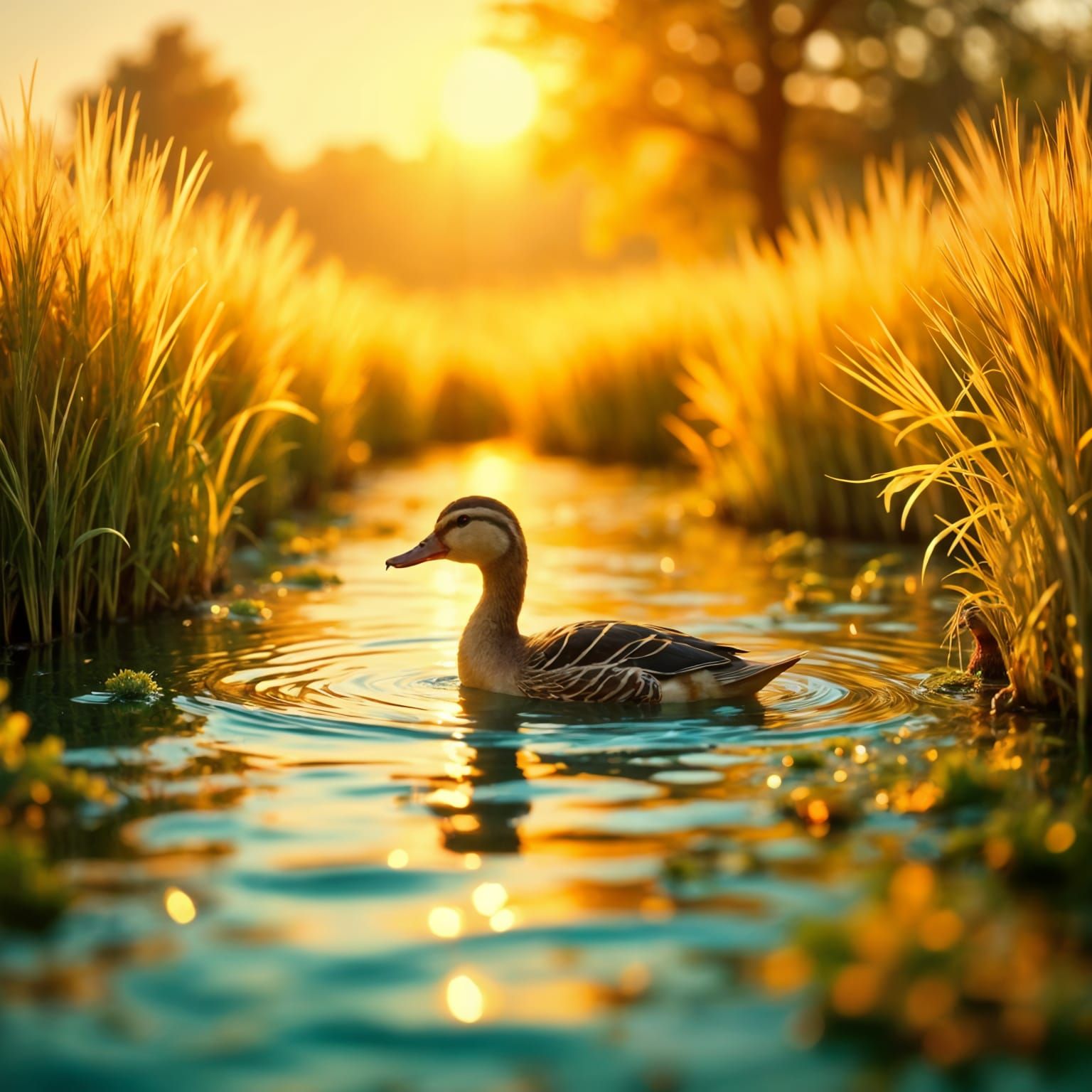 Surreal Duck in Hyperrealistic Mid Shot Amidst Amber Grain