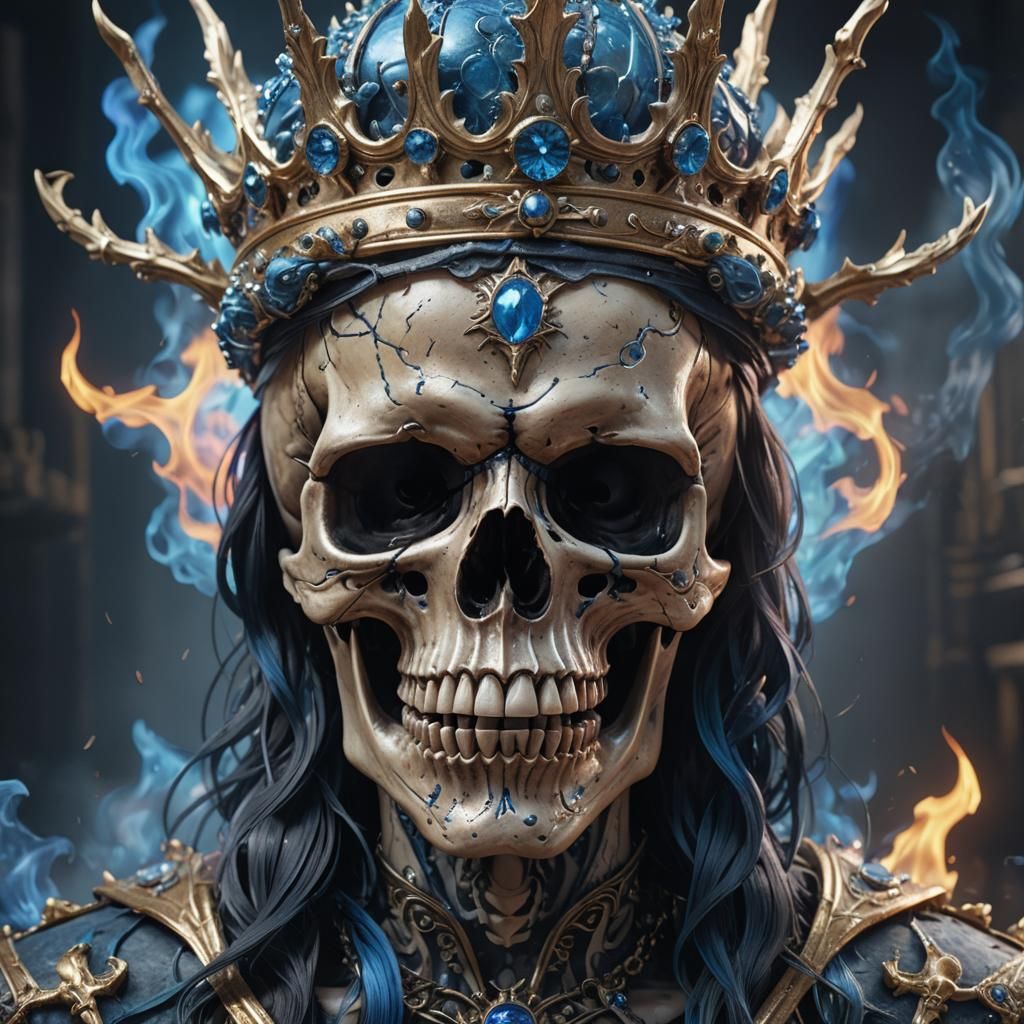 Colorful Skull King with Blue Flames