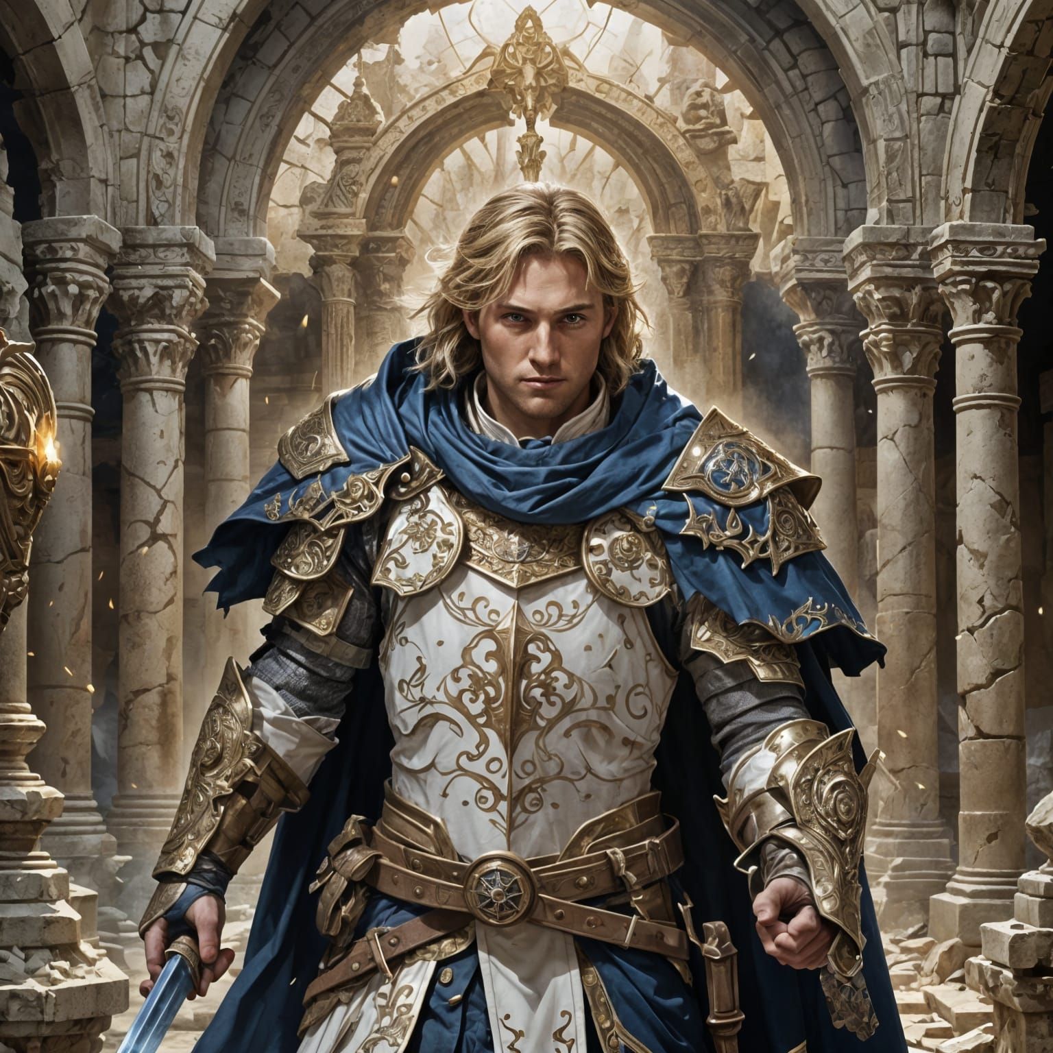 Cleric Radiating Divine Light in Ruined Temple