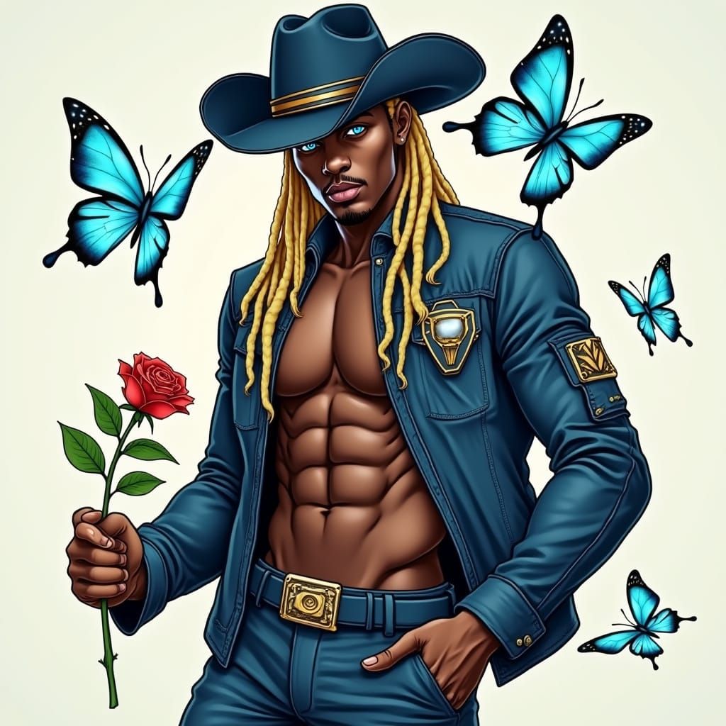 Cyberpunk Cowboy with Golden Accents and Blond Locs