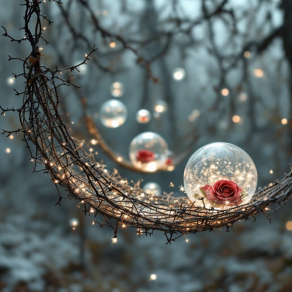 Dreamlike Barbed Wire Hammock in Ethereal, Fractal Light