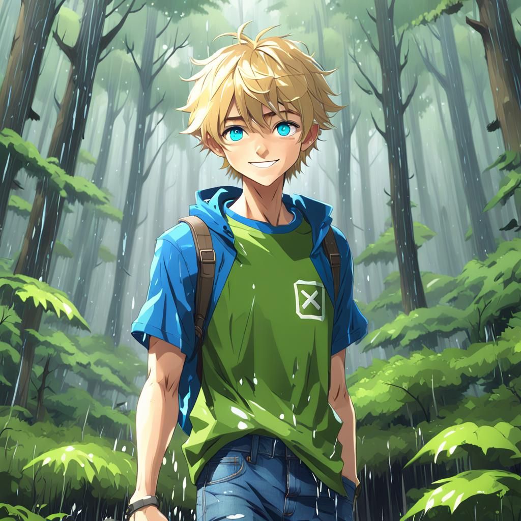 Teenage Boy Embracing Rainy Forest Solitude