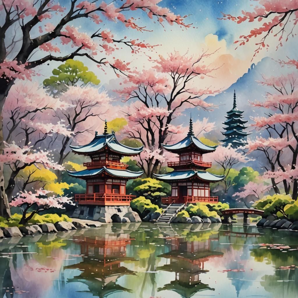 Japanese Sakura Pagoda in Wet Watercolor Style