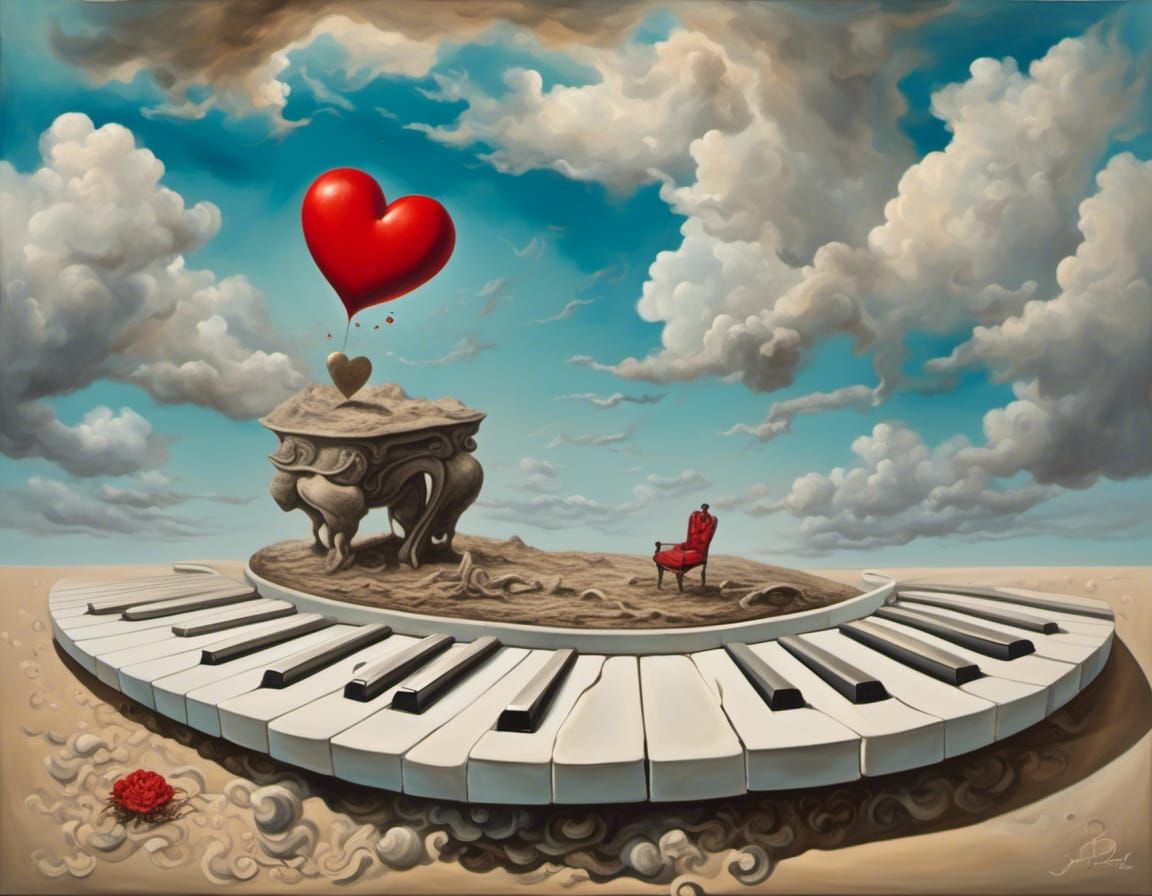 Surreal Landscape with Hearts and Piano, Oil on Canvas