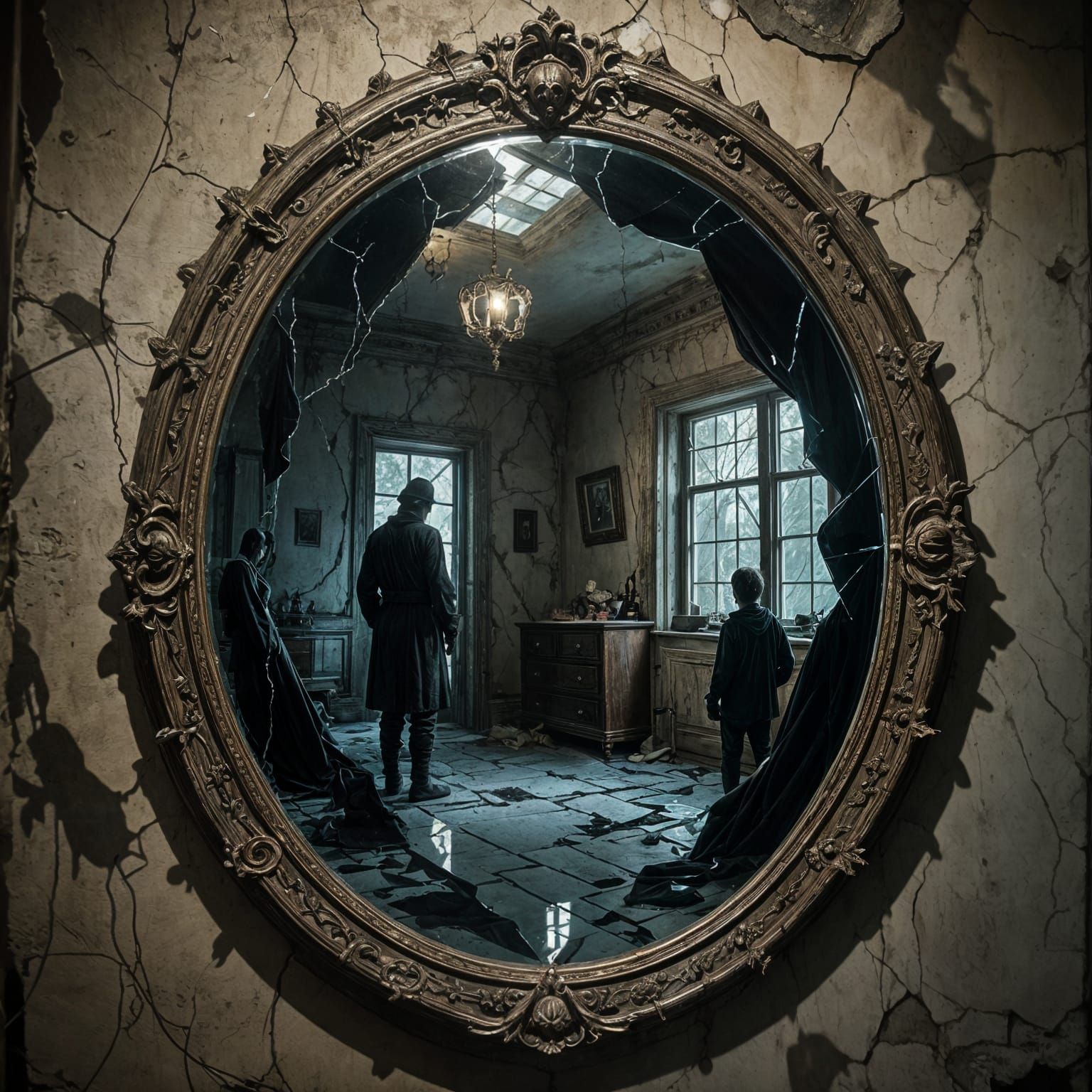 Cursed Mirror with Eerie Glow and Shadowy Figures