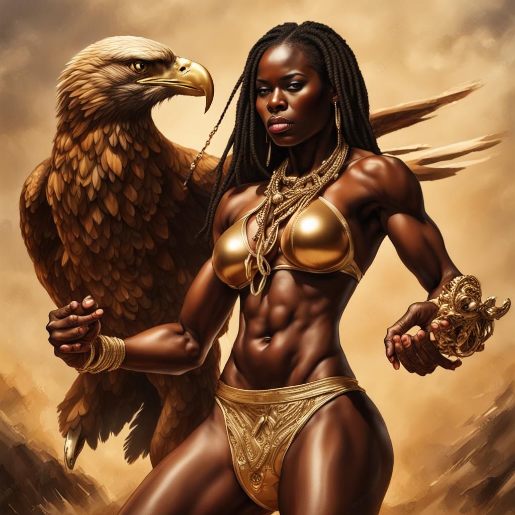 Muscular Woman in Golden Bikini Fights Eagle