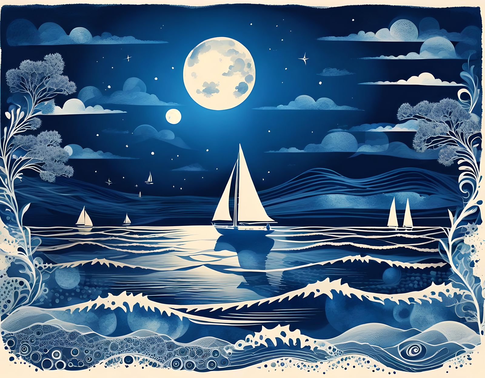 Cyanotype Print of Moonlit Sea With Sailboat