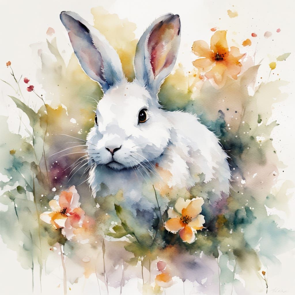Rabbit in Garden Nook: Watercolour Painting