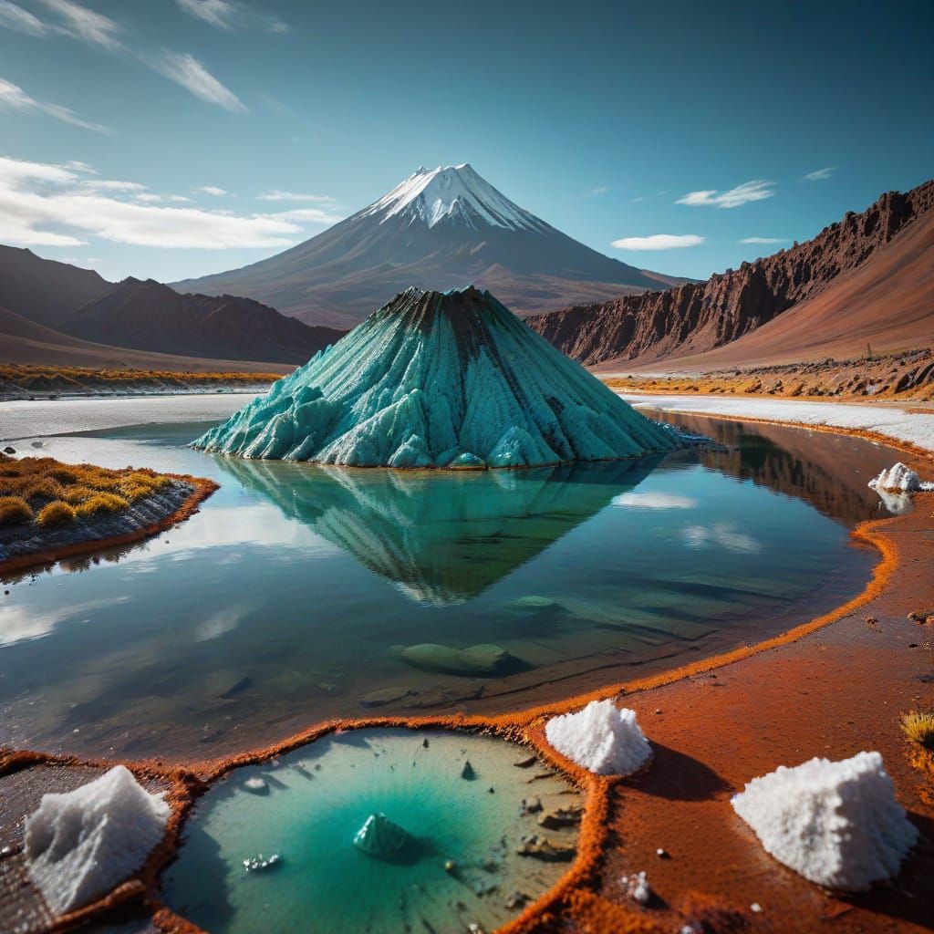 Bolivian Salt Lake With Emerald Waters and Volcano