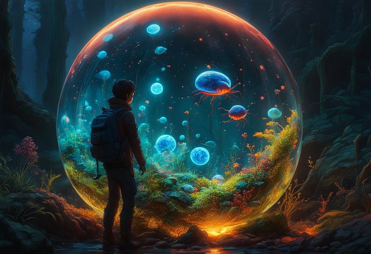 Glass sphere with captured glowing bioluminescence bugs