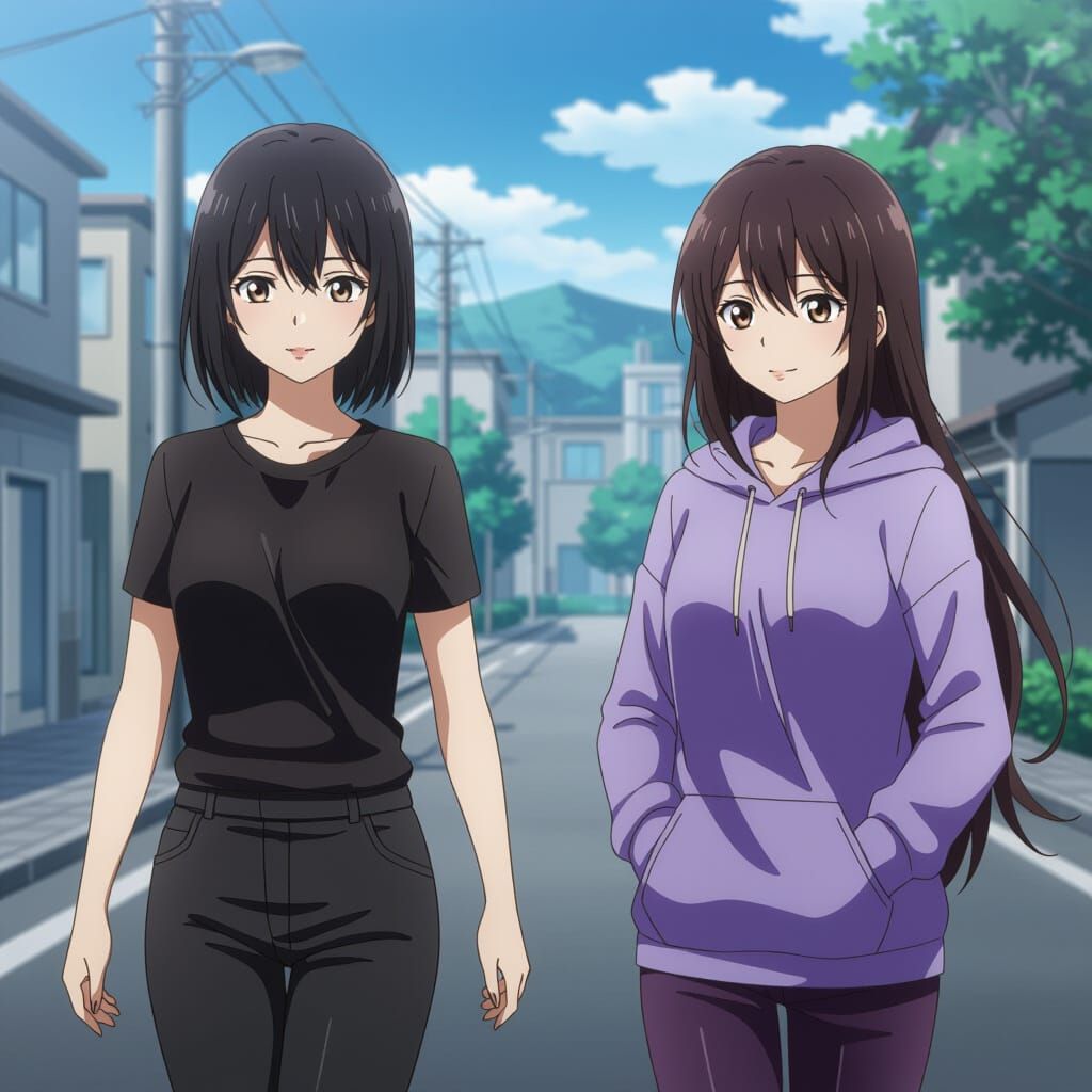 Two Women Walking in City Street in Anime Style