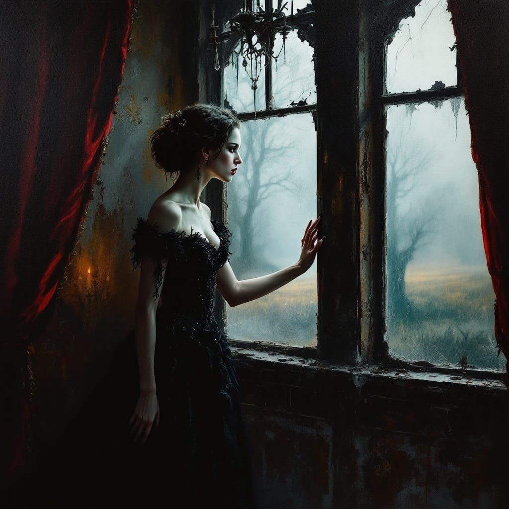 Haunted Romantic: Gothic Oil Painting of Victorian Woman