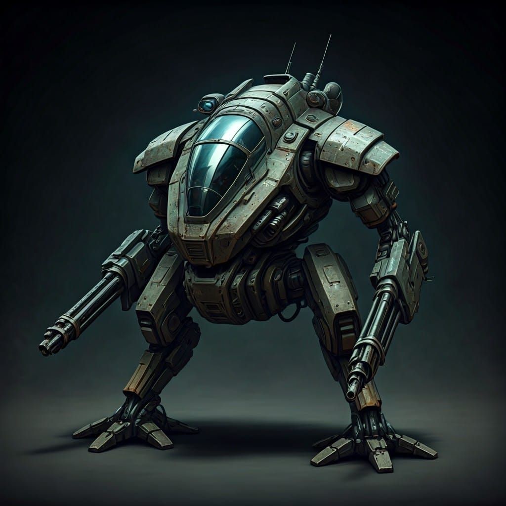 Scrappy Makeshift Mech in Retro Sci-Fi Style