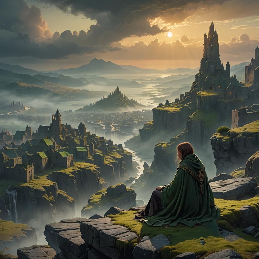 Heartbroken Woman Overlooking Mystical City Ruins