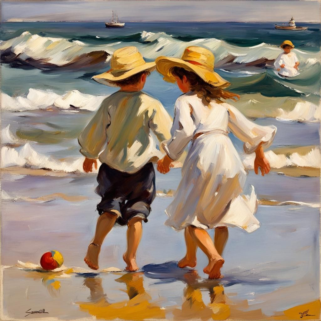 Children Playing on Beach in Impressionistic Style