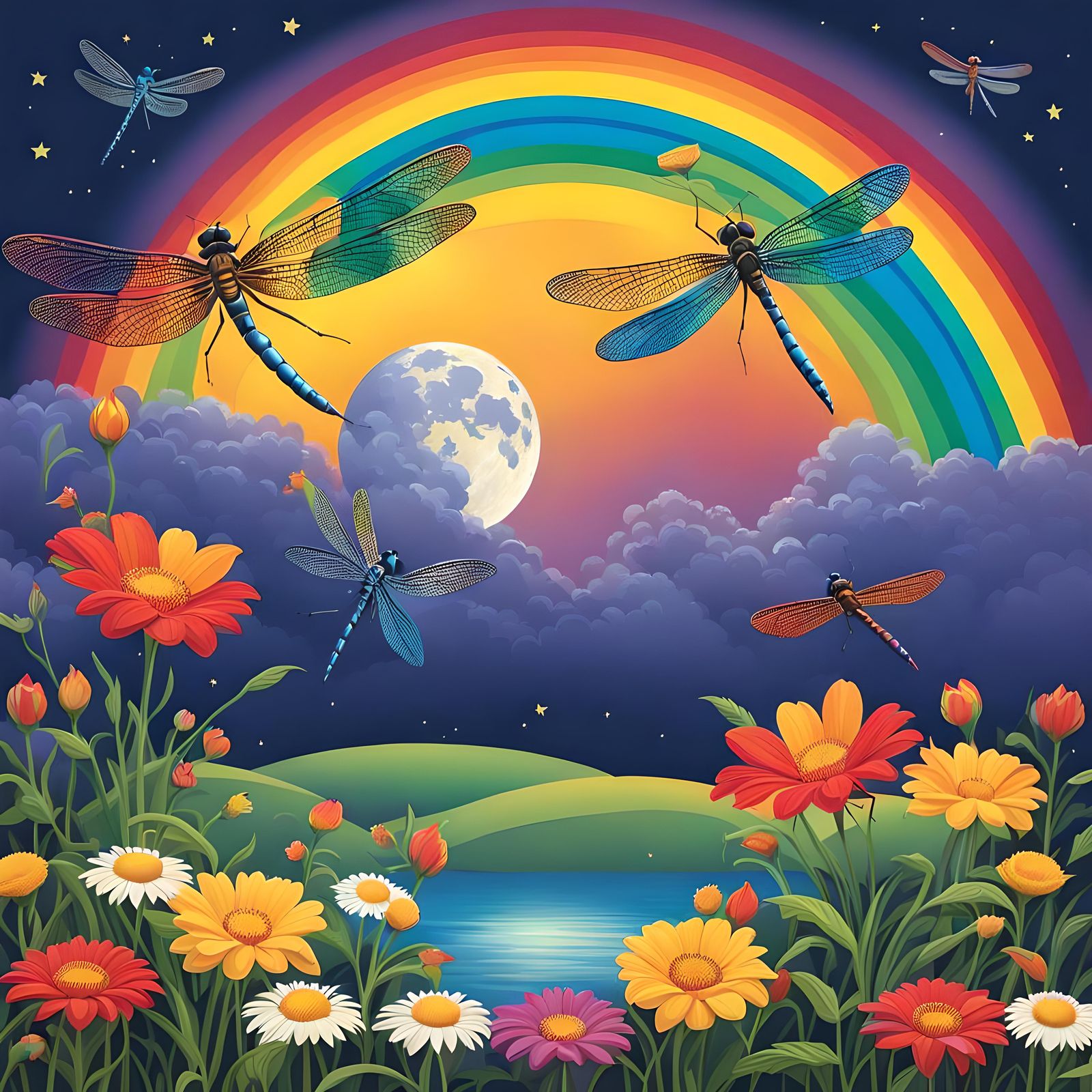 Dragonflies Garden on the Moon Under Rainbow