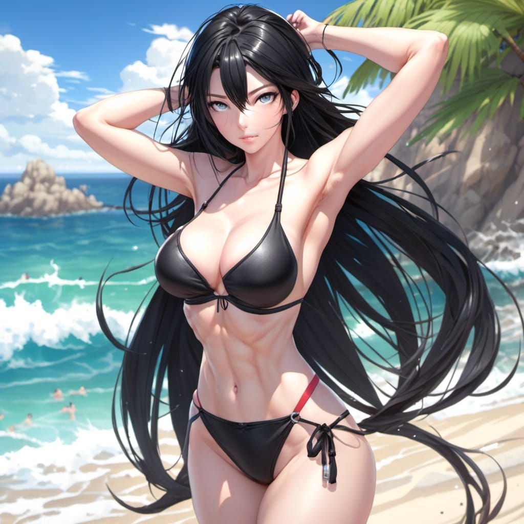 Anime Style Woman with Abs at Beach