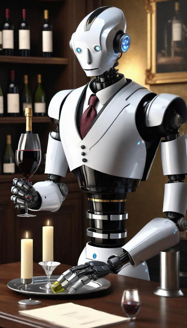 Robot Butler Opening Wine, Photorealistic 3D Rendering