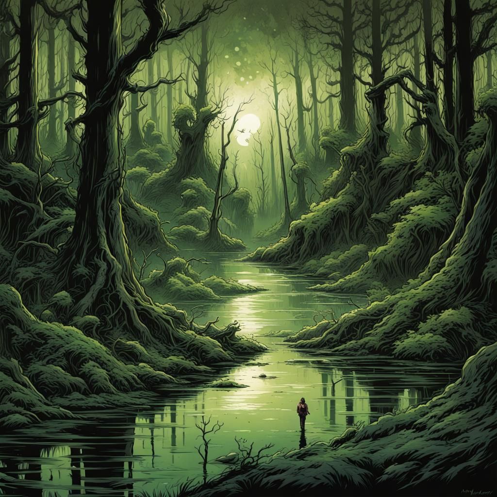Dark Green Swamp in Comic Book Style
