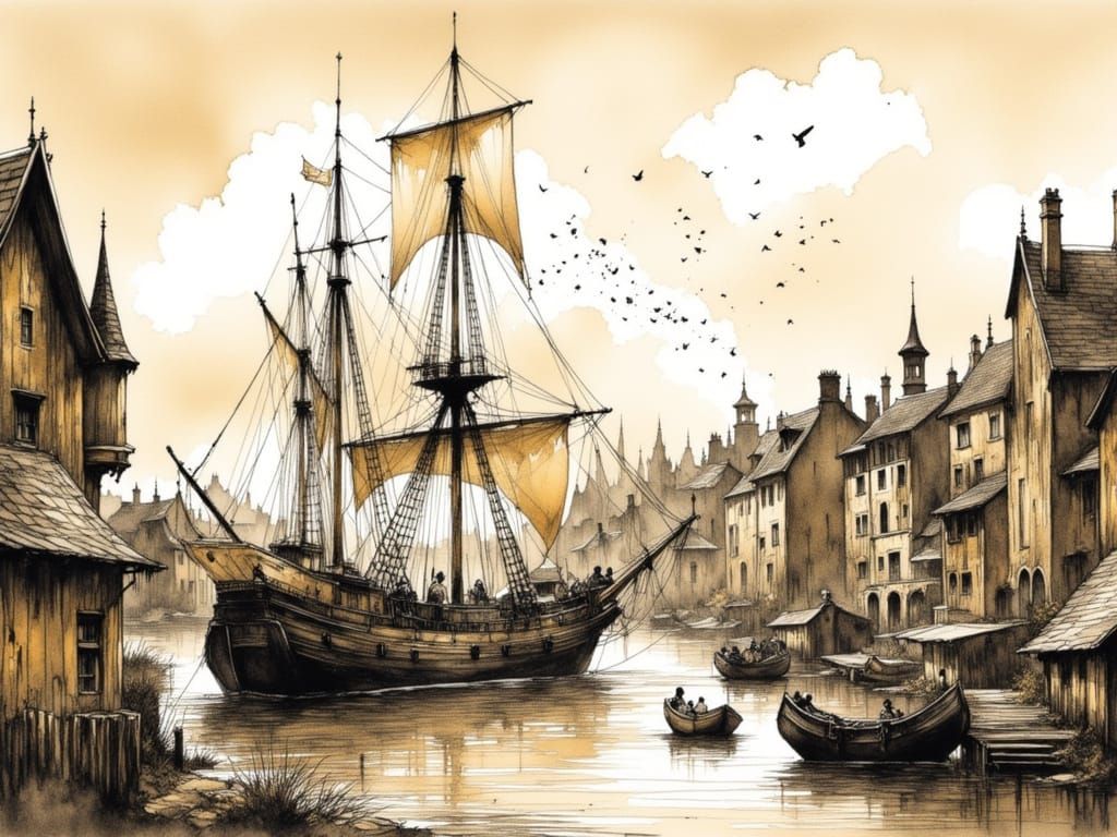 Bustling Medieval Port Town in Pen and Ink
