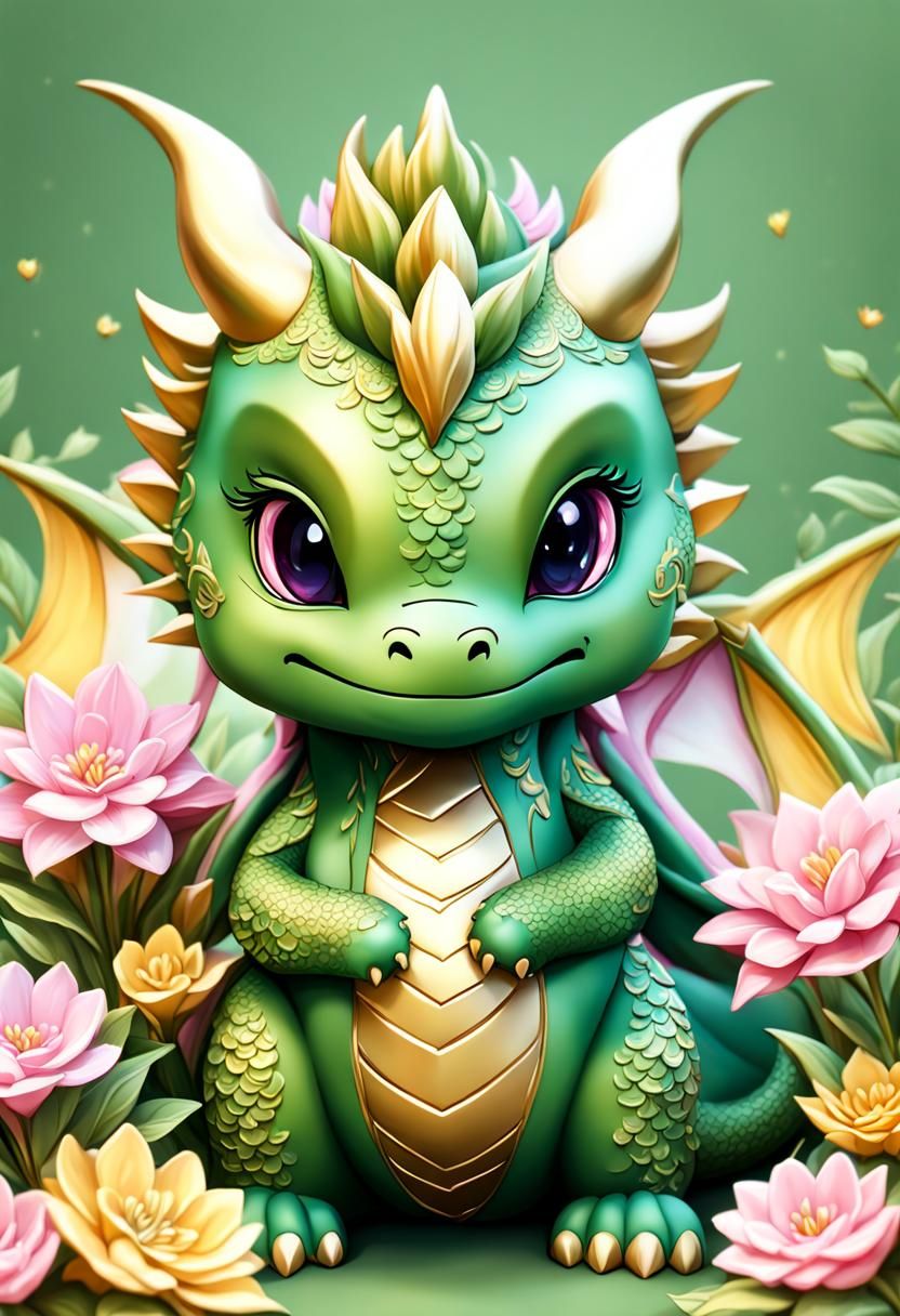 Floral Chibi Dragon Hugs Adorable Boy, Matte Painting