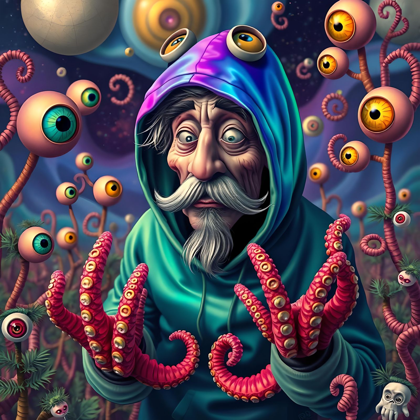 Surreal Old Man Portrait in Psychedelic Dreamscape