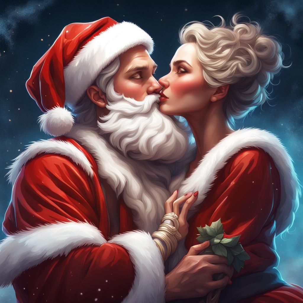 Santa and Mrs. Claus Kiss in the Sky