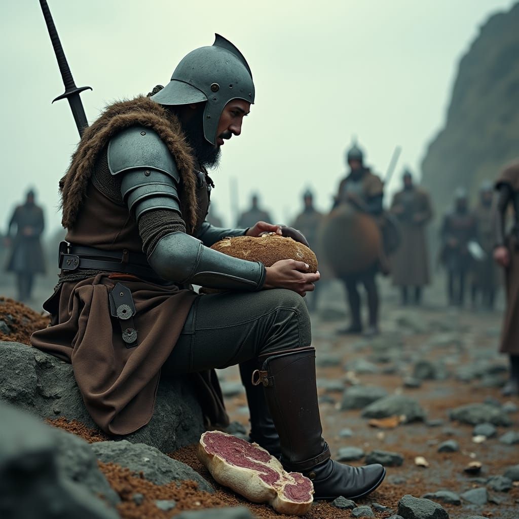 Medieval Warrior Eats During Wartime: Realistic Film Still