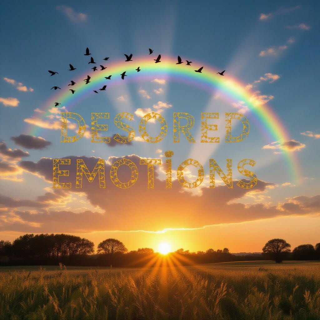 Vibrant Sunset Over Rainbow with Birds and Trees