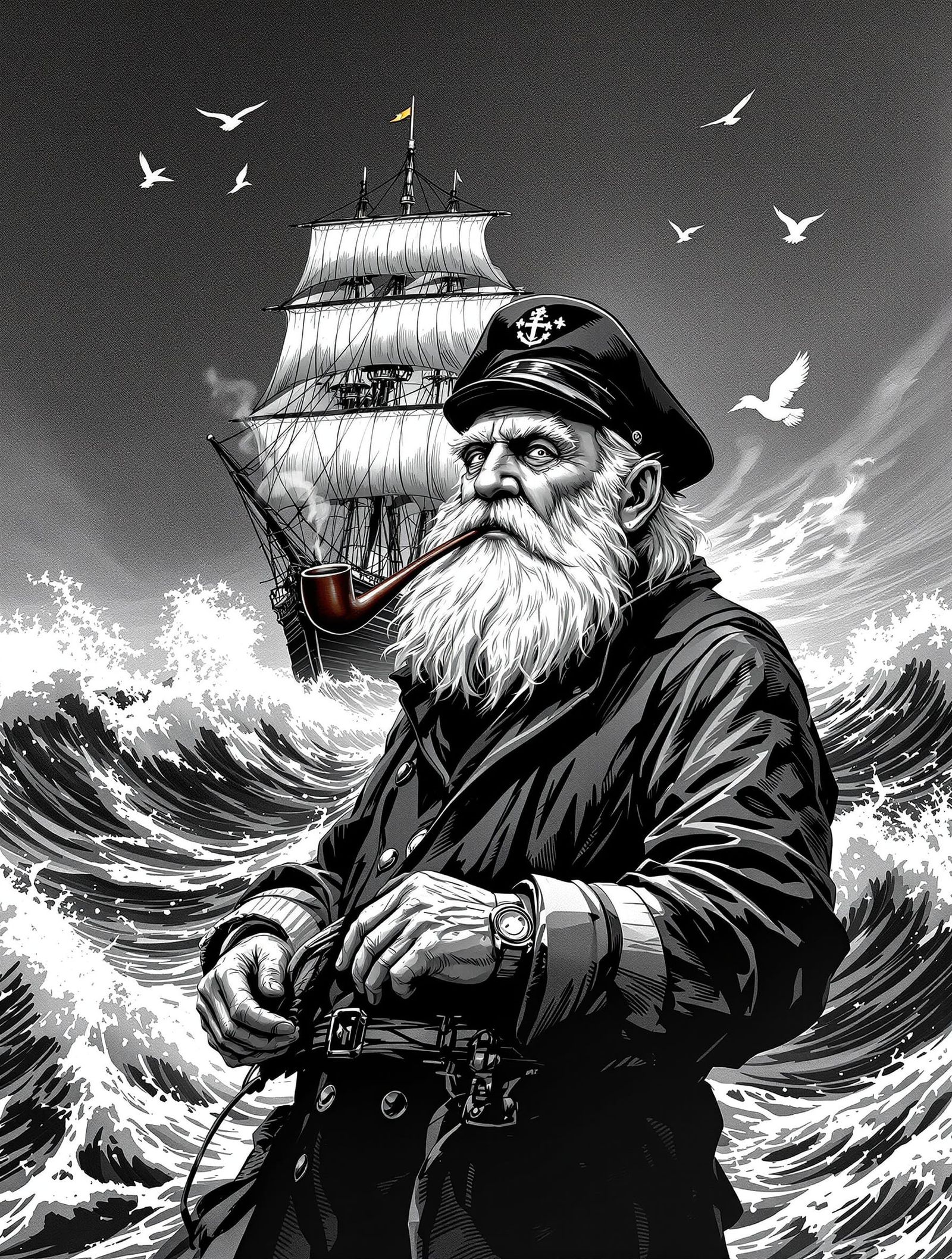 Grizzled Sailor with Tall Ship in Stormy Seas