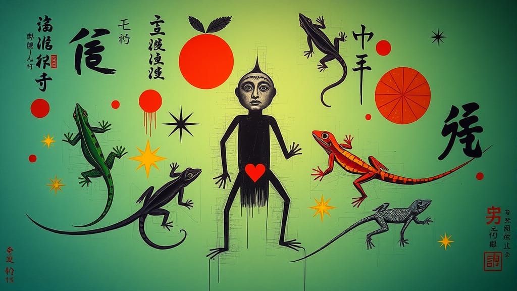 Neo-Expressionist Artwork with Symbolic Figures and Graffiti