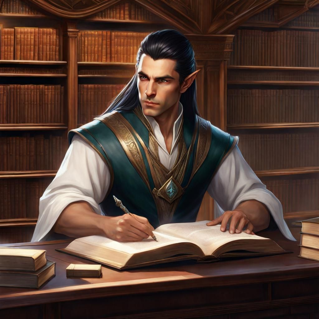 Half-Elf Cleric Studying, Hyperdetailed Portrait
