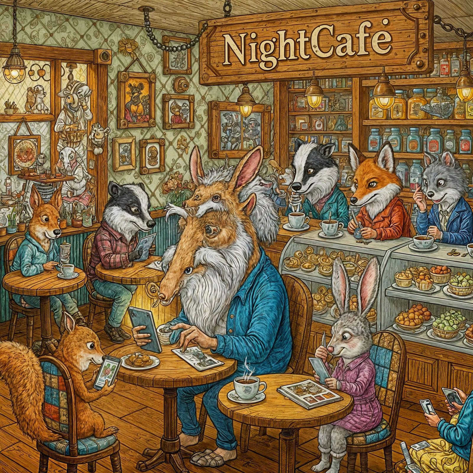 Whimsical Aardvark and Friends at NightCafe Coffee Shop