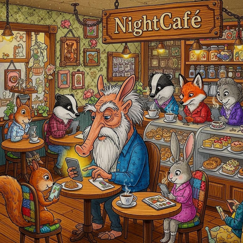 Anthropomorphic Animals in Cozy Coffee Shop, 3D Quilted Styl...