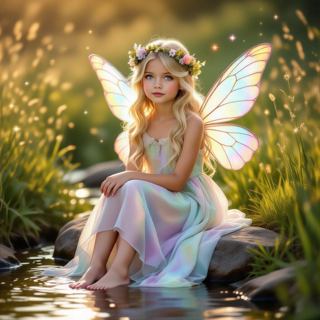 Barefoot Fairy Girl in Golden Meadow at Twilight
