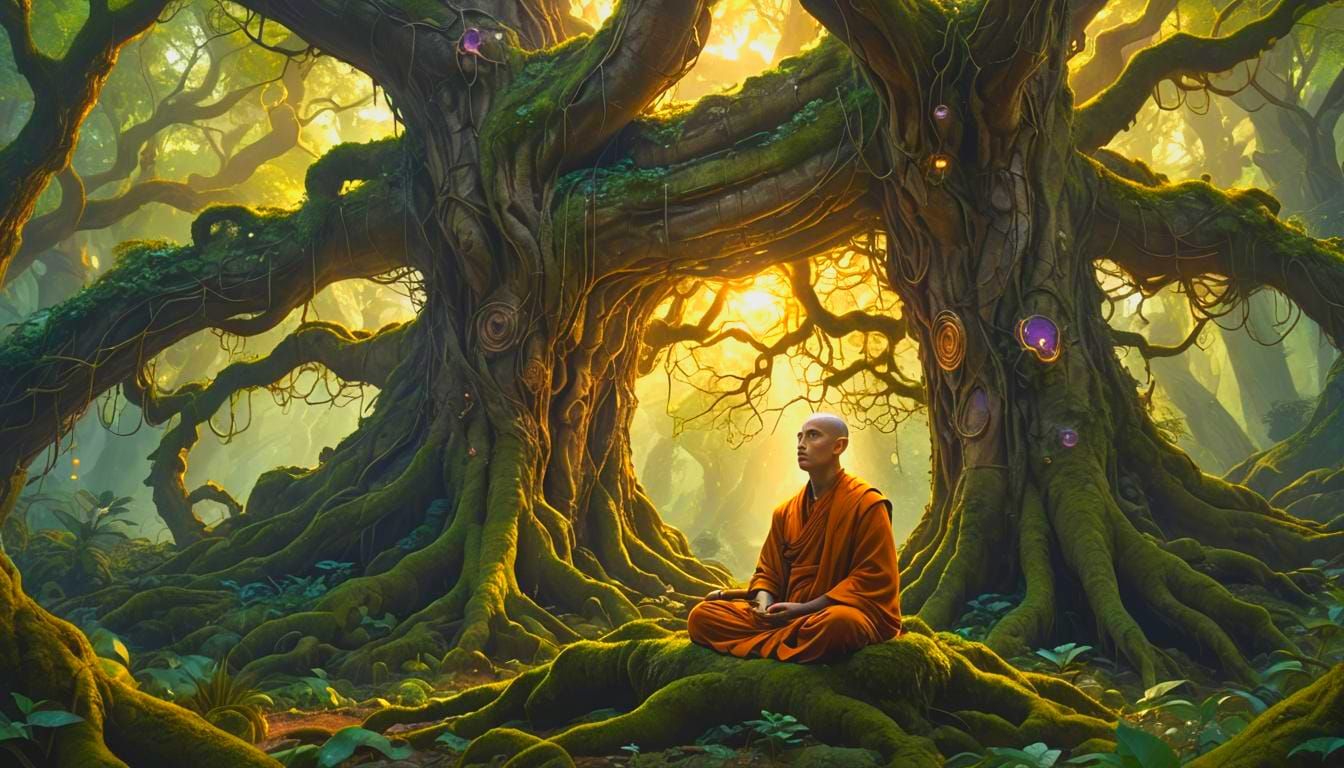 Monk Meditating in Forest with Golden Light, Fantasy Art