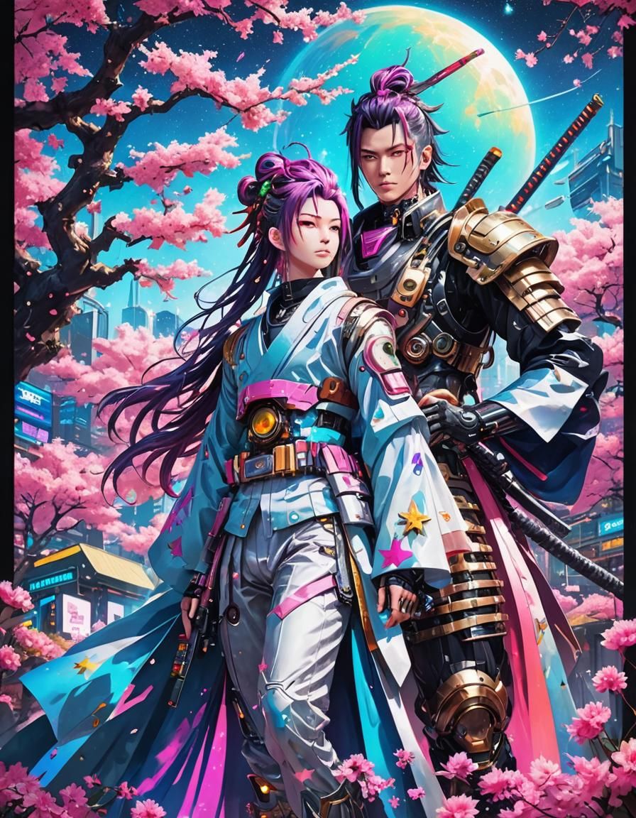 Cyberpunk Cyborg in Iridescent Galactic Metropolis