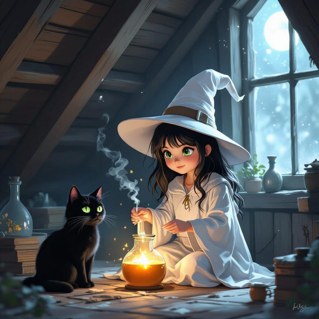 Young Witch Prepares Potion in Attic, Moonlight