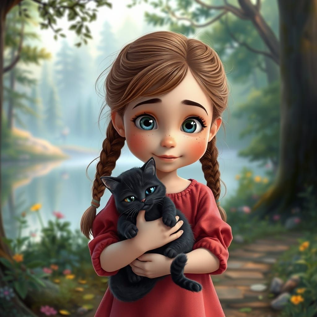 Girl with Cat in Magical Forest, Pixar Style