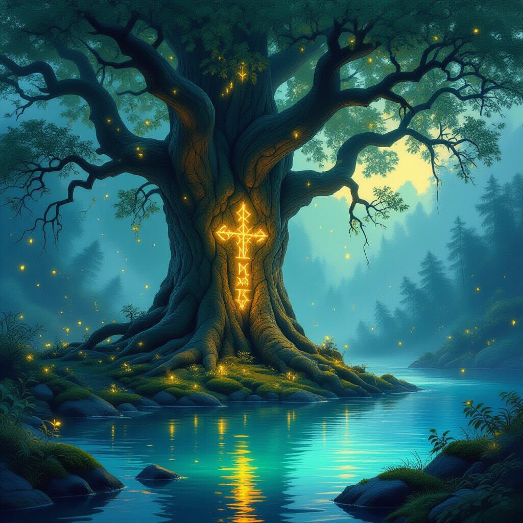 Ancient Tree by Lake with Glowing Runes and Bioluminescent F...