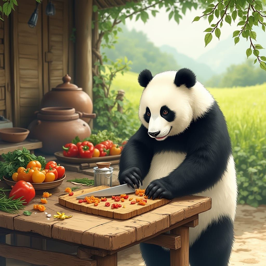 Rustic Village Kitchen Scene with Panda Chef Chopping Vegeta...