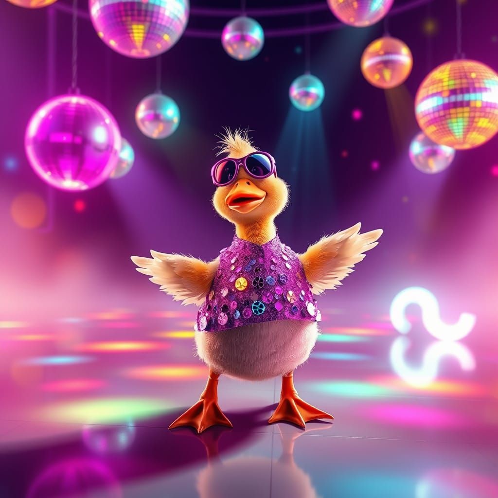 Disco Duckling Dances in Neon Retro-Futurism