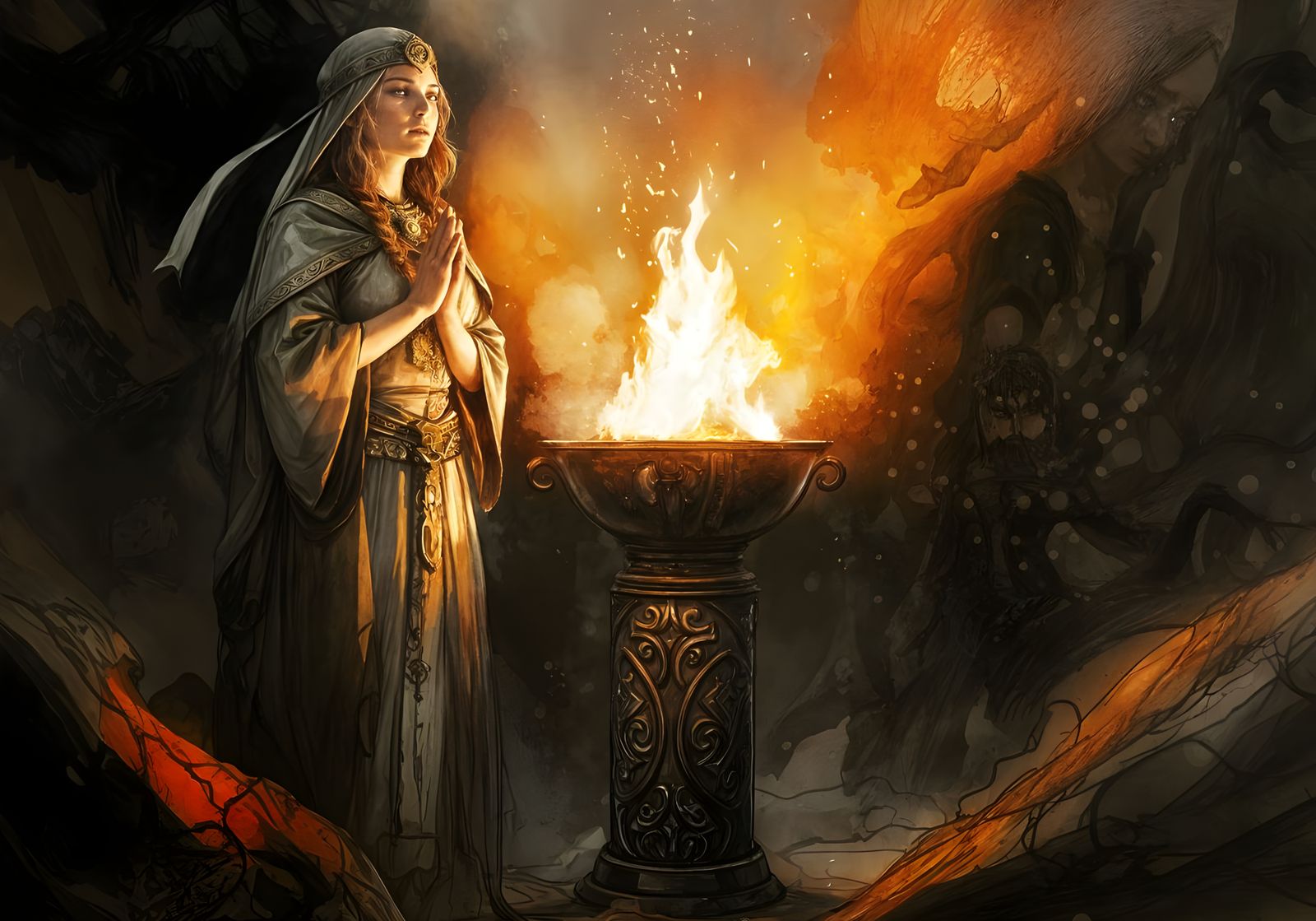 Ancient Priestess Contemplates Sacred Flames in Ink