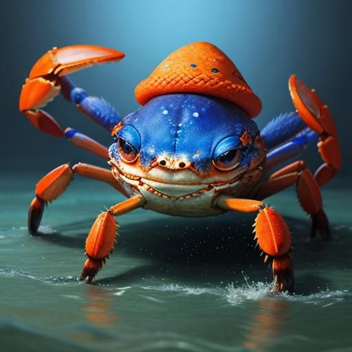 Cute Crab with Orange Hat in Hyperrealistic Splash Art