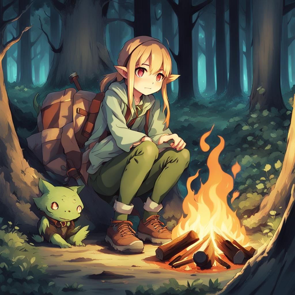 Upset Goblin Girl with Campfire, Anime Style