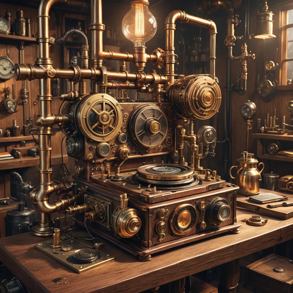 Steampunk Steam-Powered CD Player in Workshop
