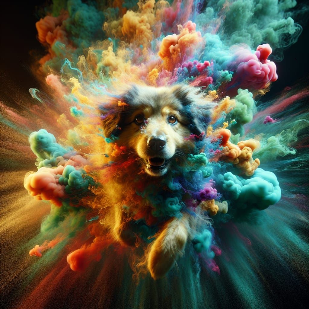 Dog Fading into Rainbow Smoke Cloud