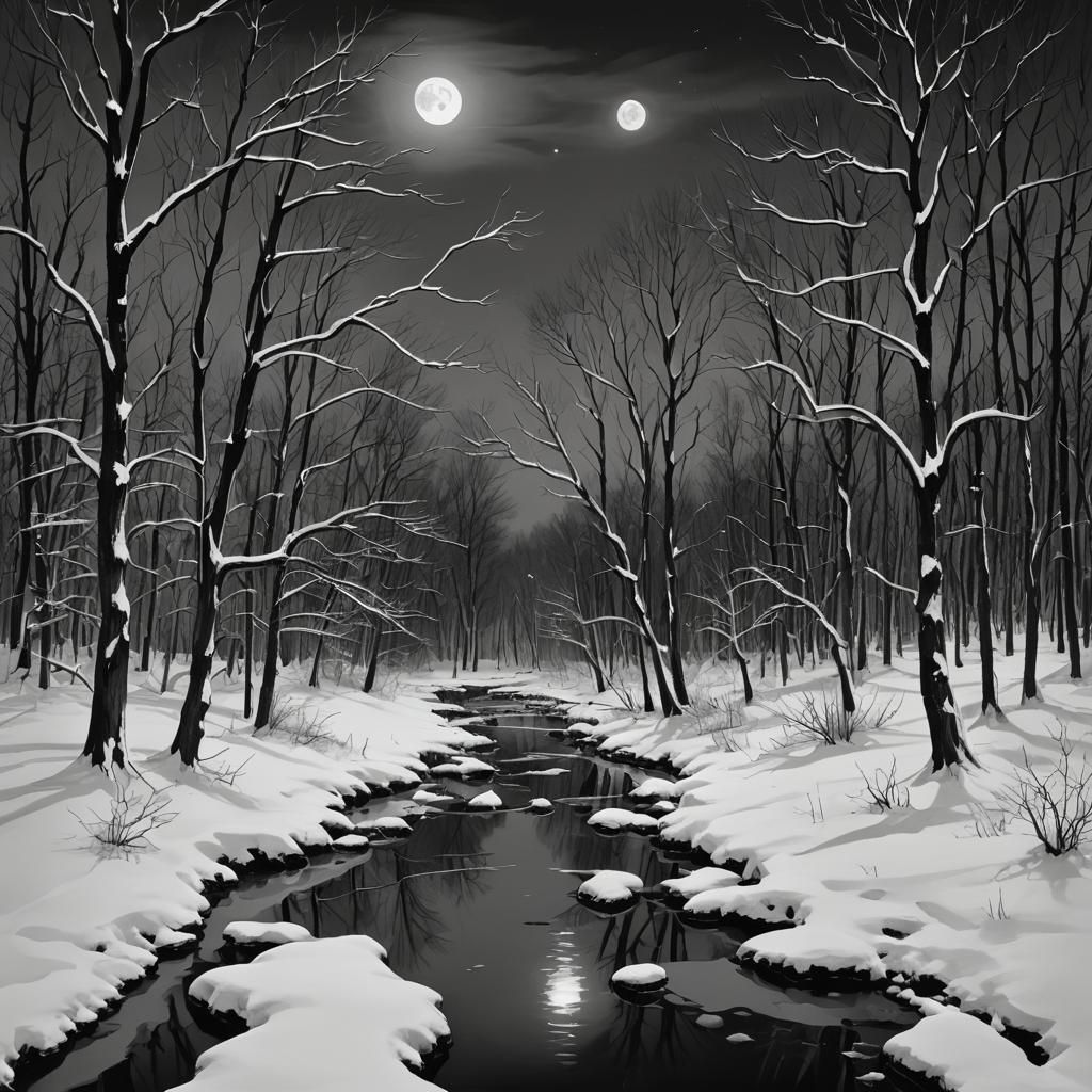 Monochrome Winter Forest Under Full Moon