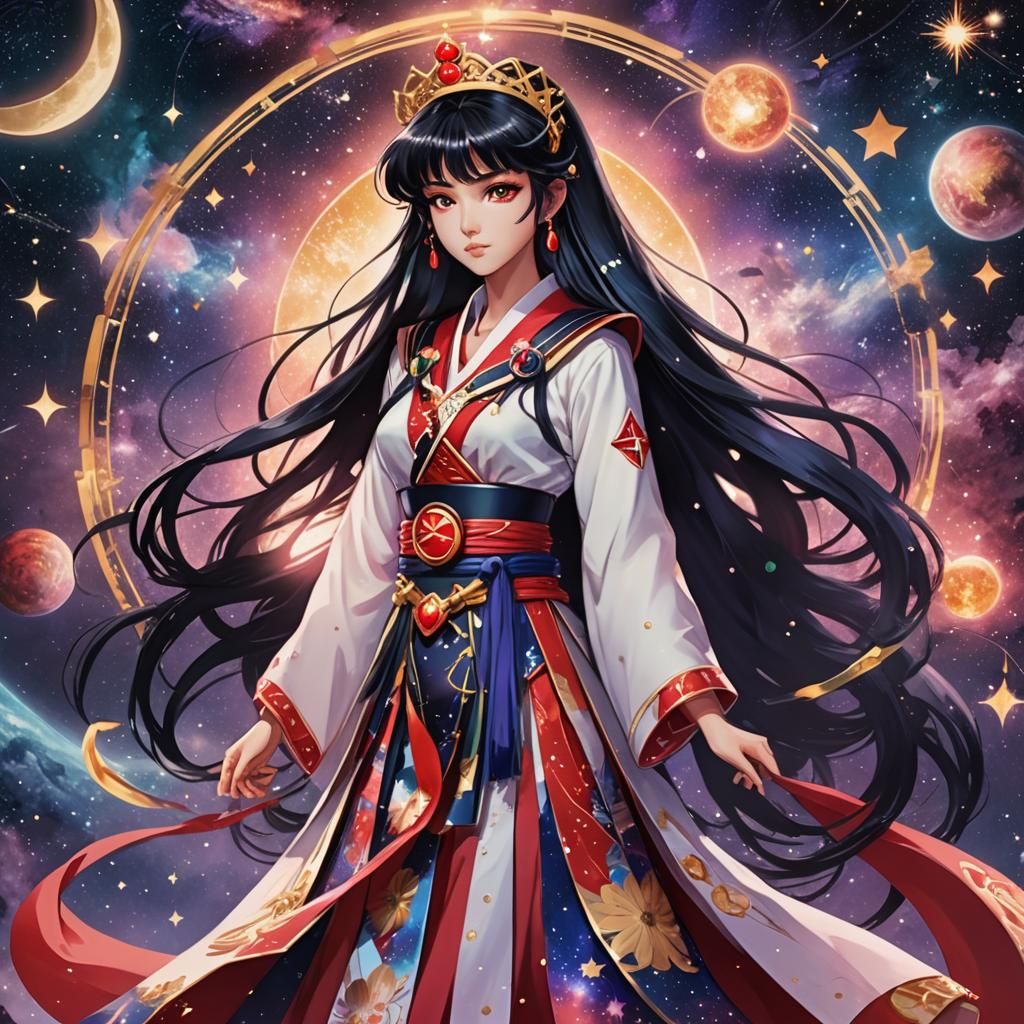 Anime Woman in Fantasy Dress with Galaxy Background